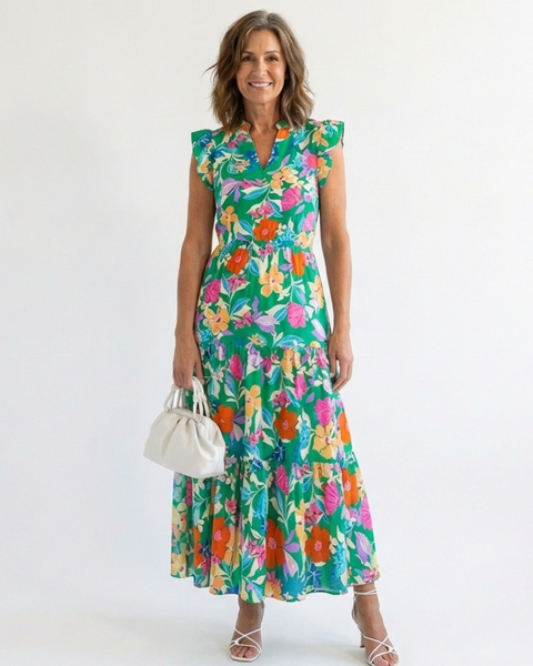 Élina | Robe Maxi Fleurie Volants Tropicaux