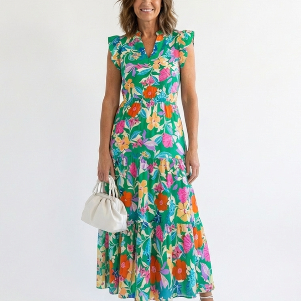 Élina | Robe Maxi Fleurie Volants Tropicaux