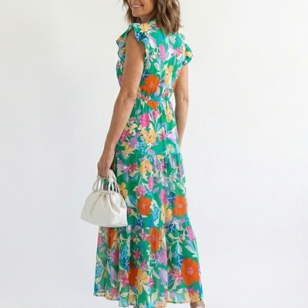Élina | Robe Maxi Fleurie Volants Tropicaux