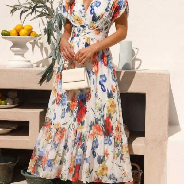 Élodie | Robe Maxi Fleurie Plissée Élégante