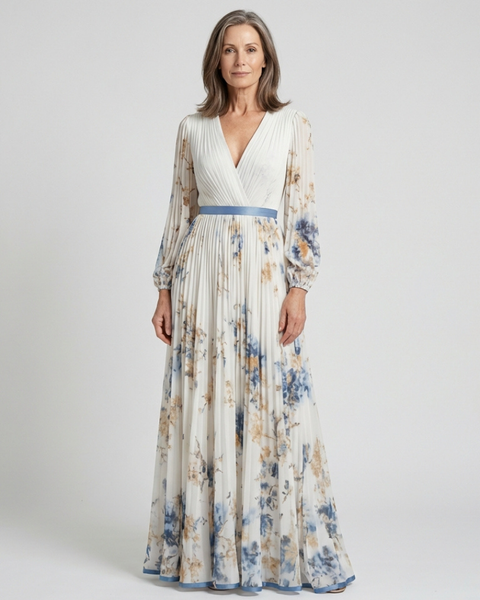 Aurélia | Robe Maxi Fleurie Plissée Élégance Douce