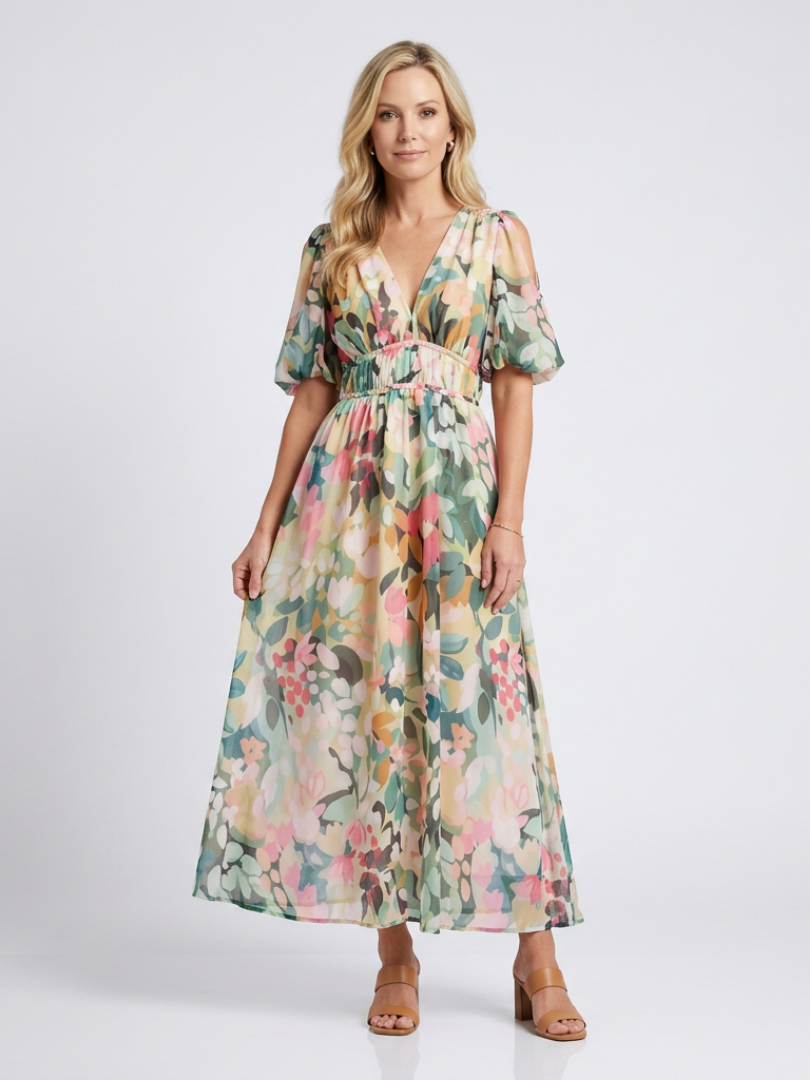 Émiliane | Robe Maxi Fleurie Aquarelle Élégante